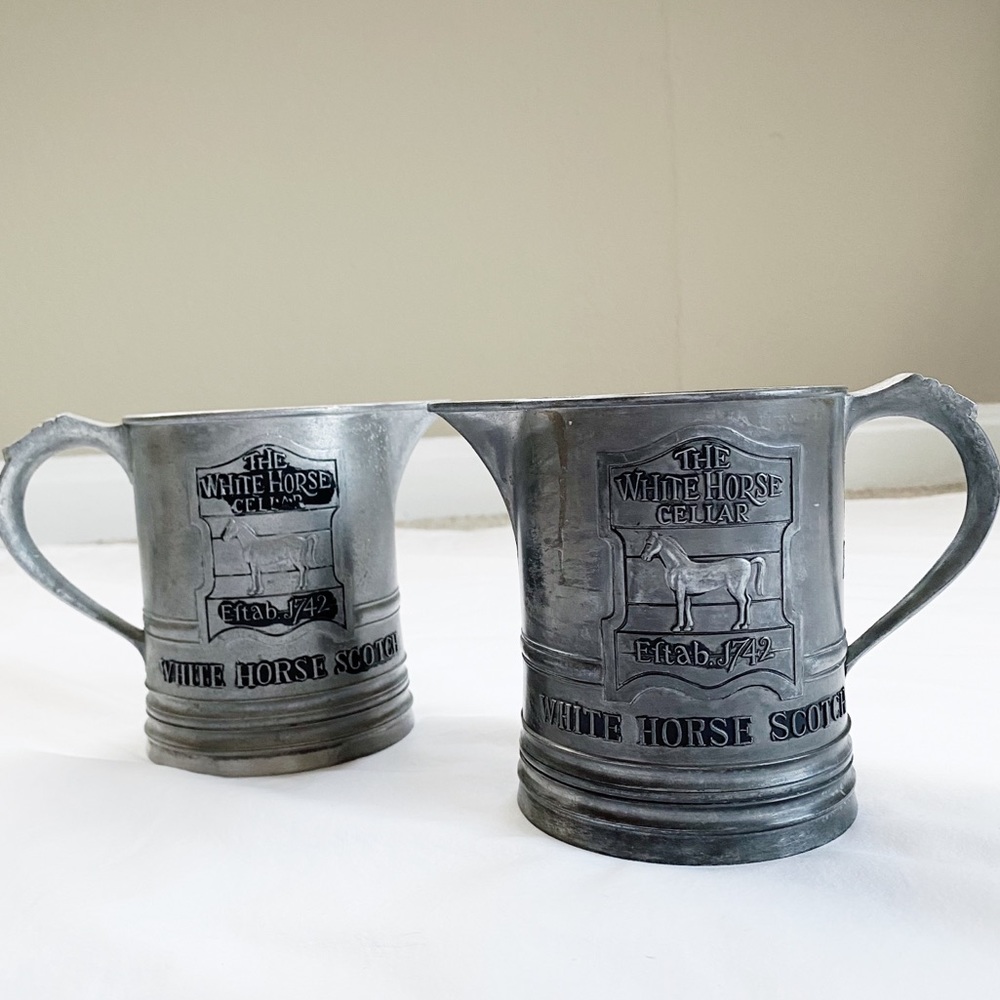 2 The White Horse Cellar White Horse Scotch Whiskey Metal Tankard Pitcher Mug